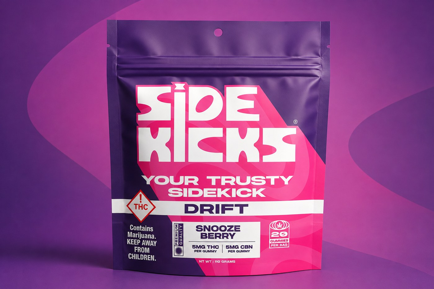 Sidekicks Drift Indica THC Gummy, Snooze Berry flavor, 5mg THC 5mg CBN per gummy