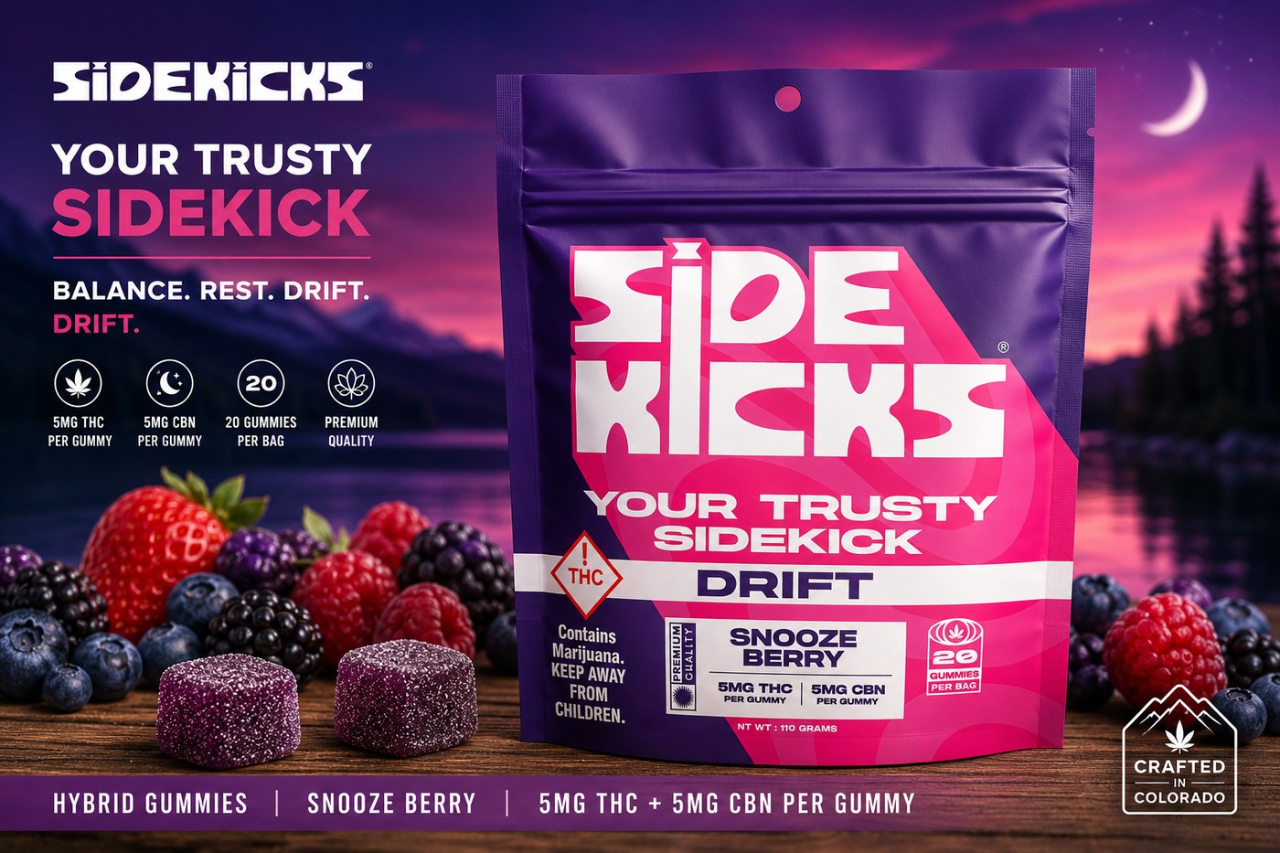 Sidekicks Drift indica gummies with fresh berries at dusk, 5mg THC 5mg CBN, crafted in Colorado