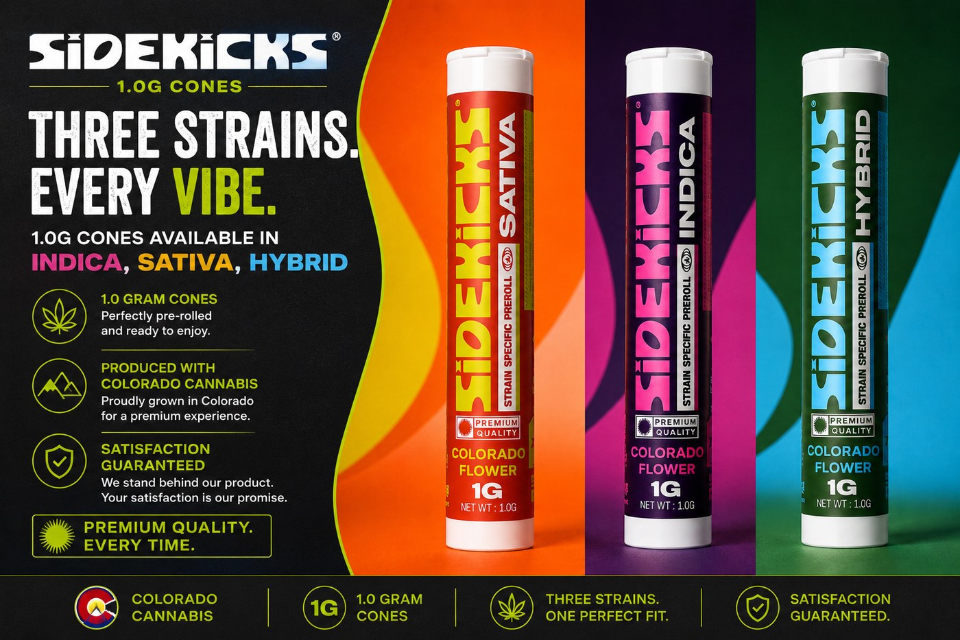 Sidekicks Colorado strain-specific pre-rolls — Indica, Sativa, and Hybrid, 1 gram Colorado flower cones