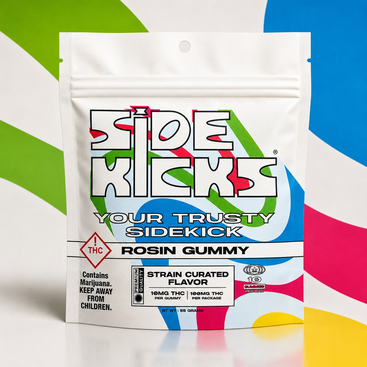 Sidekicks Rosin THC Gummy, strain curated flavor, solventless rosin extract, 10mg THC per gummy