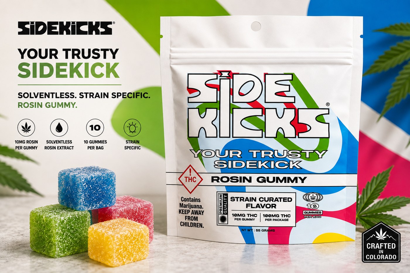 Sidekicks solventless rosin gummies, strain curated, 10mg THC per gummy, crafted in Colorado