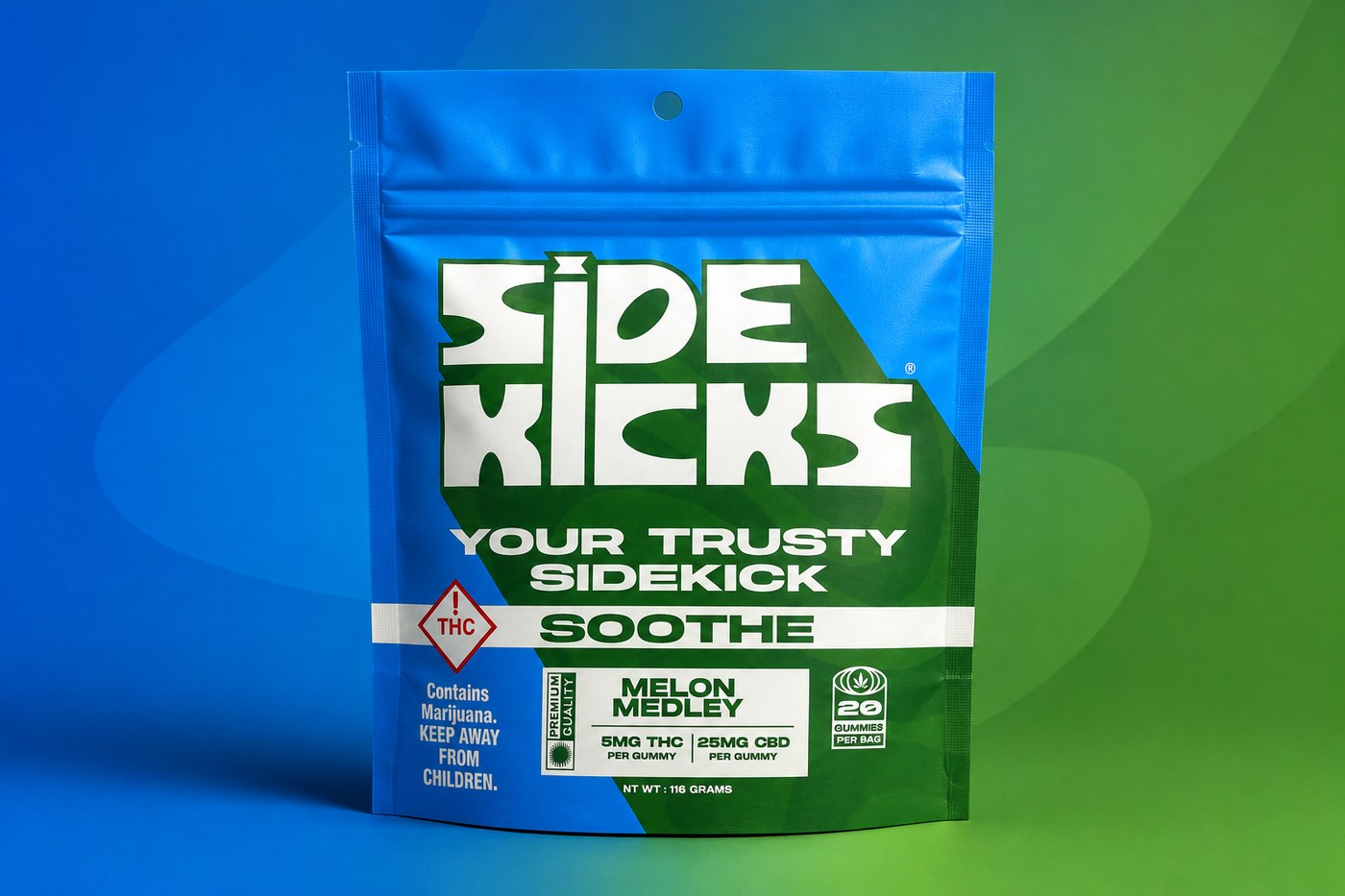 Sidekicks Soothe Hybrid THC Gummy, Melon Medley flavor, 5mg THC 25mg CBD per gummy