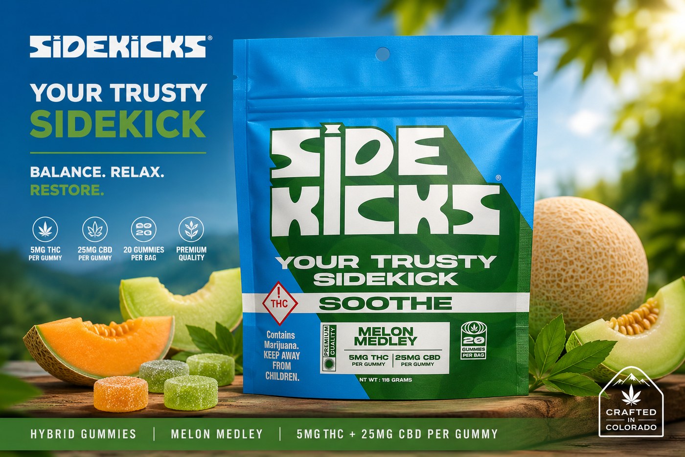 Sidekicks Soothe Hybrid THC Gummy in a Colorado mountain setting, crafted in Colorado, 5mg THC 25mg CBD per gummy