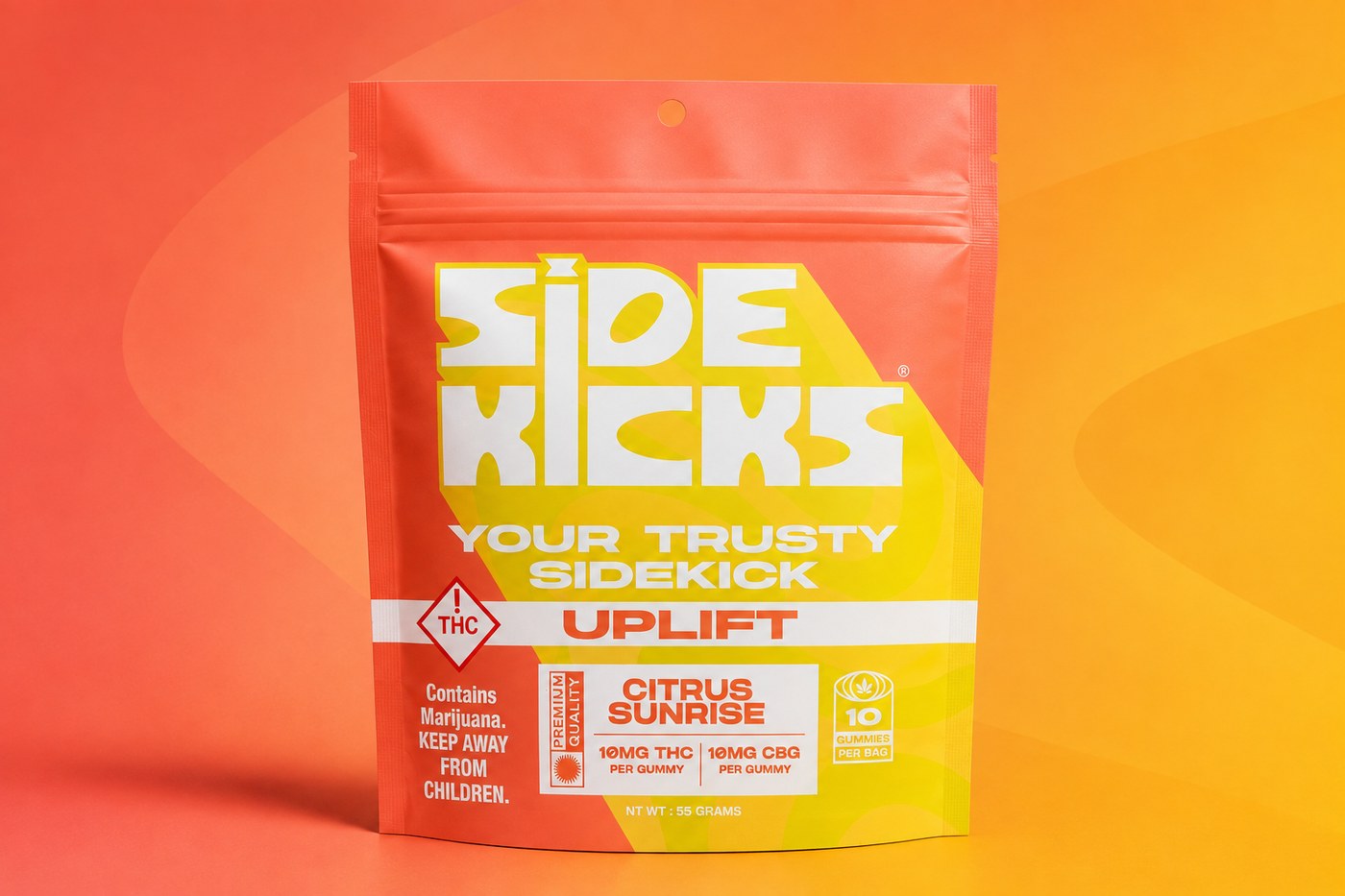 Sidekicks Uplift Sativa THC Gummy, Citrus Sunrise flavor, 10mg THC 10mg CBG per gummy