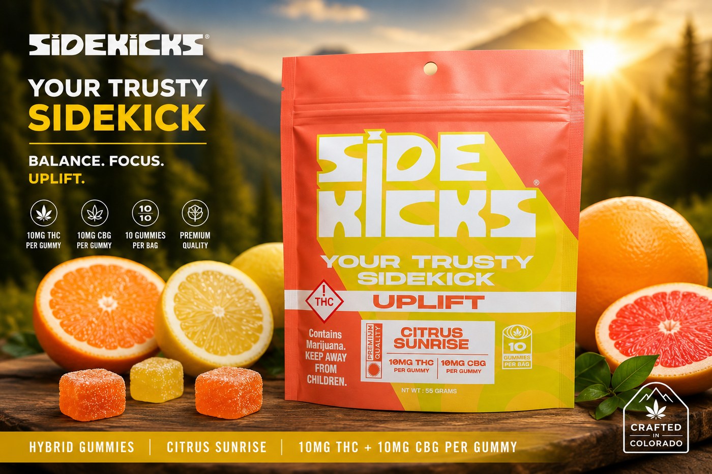 Sidekicks Uplift sativa gummies with fresh citrus, 10mg THC 10mg CBG, crafted in Colorado